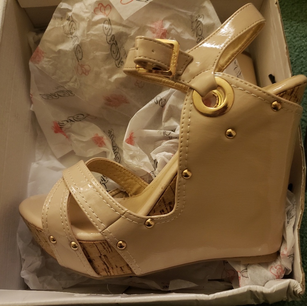 Tan with cork heel wedge sandal